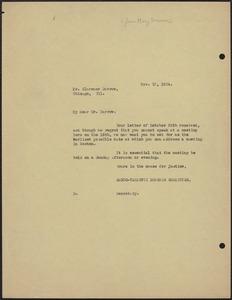 Mary Donovan (Sacco-Vanzetti Defense Committee) typed note to Clarence S. Darrow, Boston, Mass., November 13, 1924