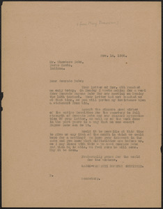 Mary Donovan (Sacco-Vanzetti Defense Committee) typed letter (copy) to Theodore Debs, Boston, Mass., November 14, 1924