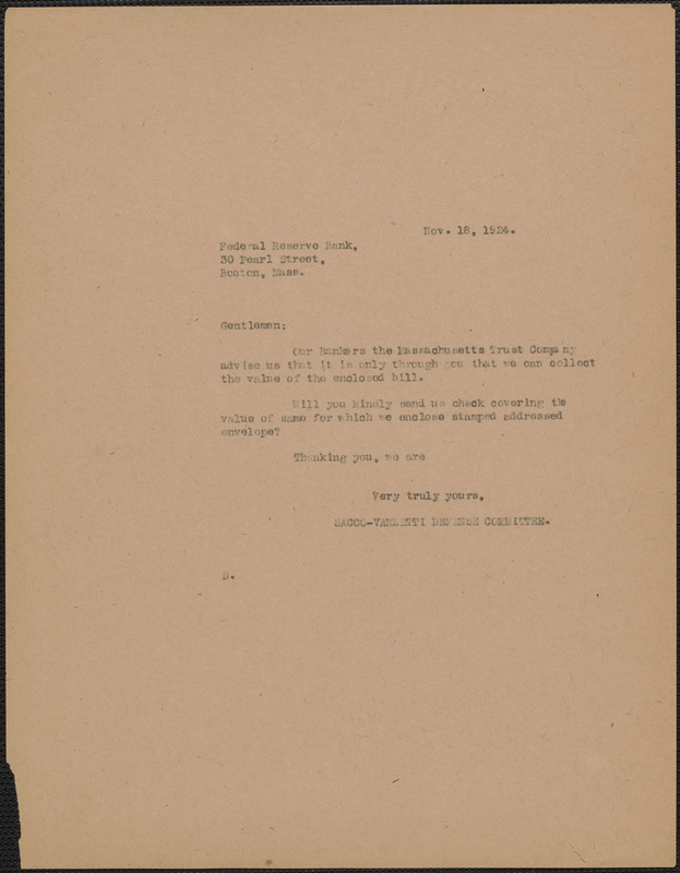 Sacco-Vanzetti Defense Committee typed note (copy) to Federal Reserve Bank of Boston, Boston, Mass., November 18, 1924