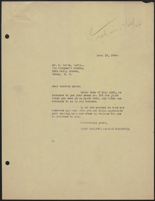 Sacco-Vanzetti Defense Committee typed note (copy) to M. Lurie (The Workmen's Circle), Boston, Mass., November 19, 1924