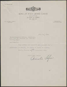 Aurelio Sofia (Sons of Italy Grand Lodge), typed note signed to Sacco-Vanzetti Defense Committee, New York, N.Y., November 21, 1924