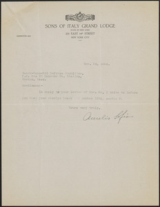 Aurelio Sofia (Sons of Italy Grand Lodge) typed note to Sacco-Vanzetti Defense Committee, New York, N.Y., November 24, 1924