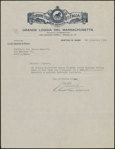 Vittorio Varriale (Ordine Figli D'Italia Grande Loggia del Massachusetts) typed note signed, in Italian, to Sacco-Vanzetti Defense Committee, Boston, Mass., November 25, 1924