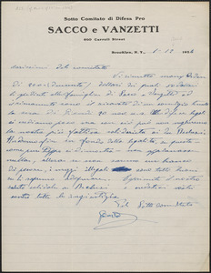 G. Carta (Sotto Comitato di Deifesa Pro Sacco e Vanzetti) autograph letter signed, in Italian, to Sacco-Vanzetti Defense Committee, Brooklyn, N.Y., December 1, 1924