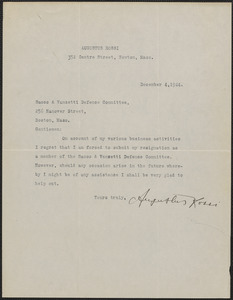 Augustus Rossi autograph letter signed to Sacco-Vanzetti Defense Committee, Newton, Mass., December 4, 1924