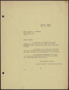 Sacco-Vanzetti Defense Committee typed letter (copy) to Ellen A. Freeman, Boston, Mass., December 5, 1924