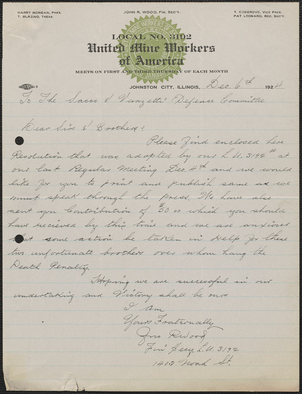 John R. Wood (United Mine Workers of America, Local 3192) autograph letter signed to Sacco-Vanzetti Defense Committee, Johnston City, Ill., December 6, 1924