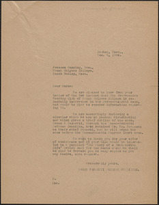 Sacco-Vanzetti Defense Committee typed letter (copy) to Frances Manning, Boston, Mass., December 8, 1924