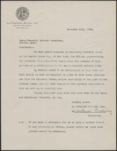 Antonio Cerrina (La Fubinese Society) typed letter signed to Sacco-Vanzetti Defense Committee, New York, N.Y., December 11, 1924