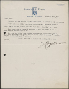 Joseph J. Ettor typed letter signed, in Italian, to Emilio Coda, Burbank. Calif., December 11, 1924