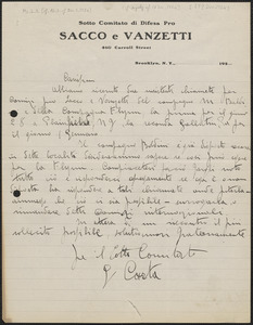 G. Carta (Sotto Comitato di Difensa Pro Sacco e Vanetti)., in Italian, autograph letter signed to Sacco-Vanzetti Defense Committee, Brooklyn, N.Y., [December 17?, 1924]