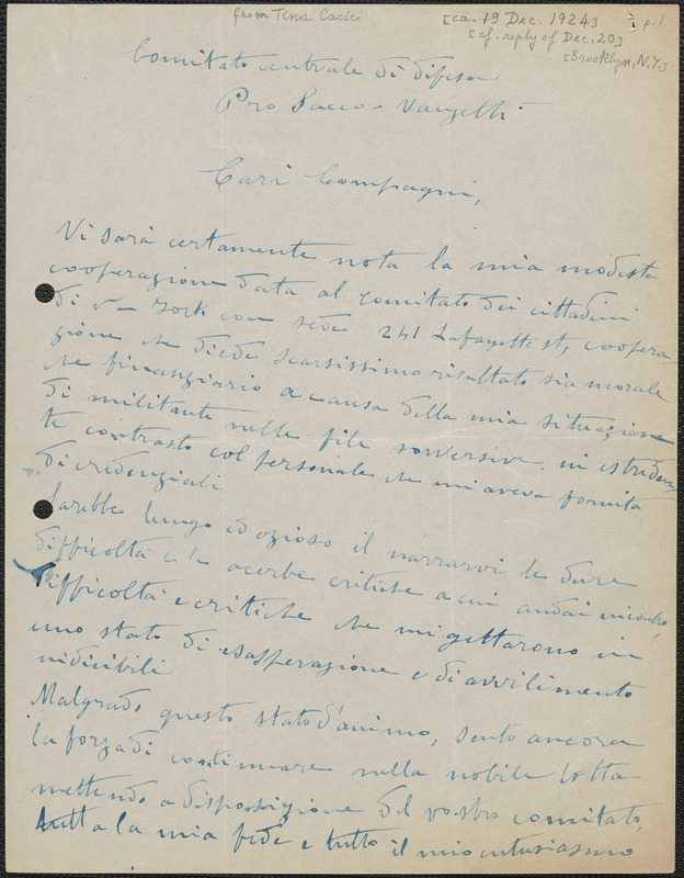 Tina Cacici autograph letter signed, in Italian, to Sacco-Vanzetti Defense Committee, [Brooklyn, N.Y.], approximately [December 19, 1924]