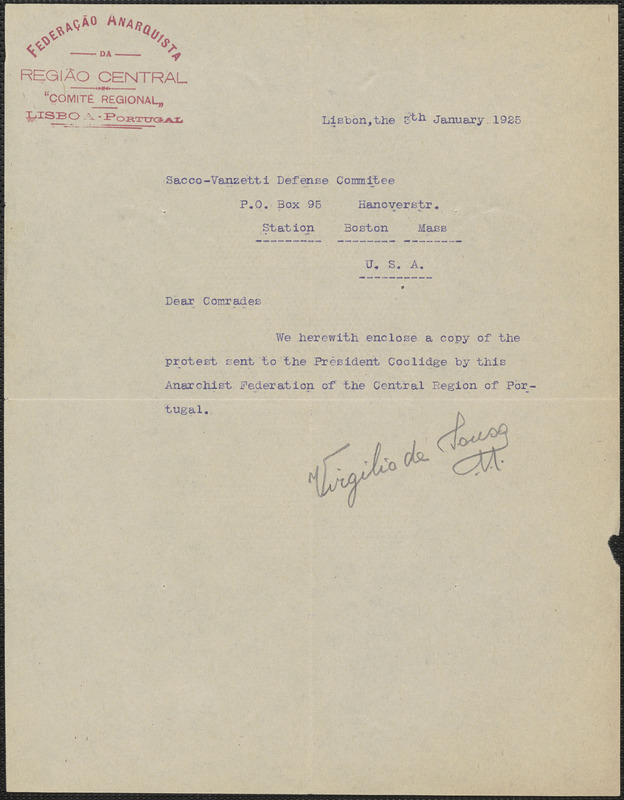 Virgilio de Sousa (Federação Anarcquista) typed note signed to Sacco-Vanzetti Defense Committee, Lisbon, Portugal, January 3, 1925