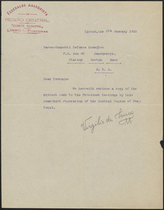 Virgilio de Sousa (Federação Anarcquista) typed note signed to Sacco-Vanzetti Defense Committee, Lisbon, Portugal, January 3, 1925