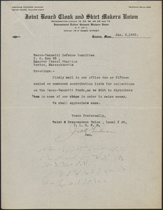 Judith Friedman (Joint Board Cloak and Skirt Makers Union) typed letter signed to Sacco-Vanzetti Defense Committee, Boston, Mass., January 5, 1925