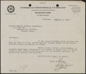 Theodore H. Lunde (American Industrial Company) typed letter signed to Sacco-Vanzetti Defense Committee, Chicago, Ill., January 5, 1925