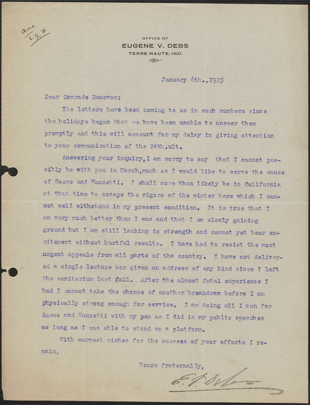 Eugene V. Debs typed letter signed to Mary Donovan, Terre Haute, Ind., January 6, 1925
