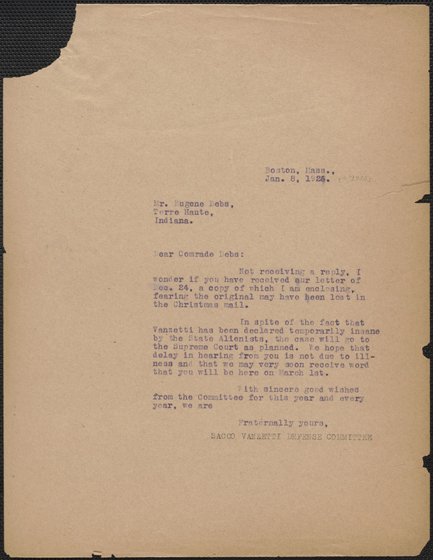 Sacco-Vanzetti Defense Committee typed letter (copy) to Eugene V. Debs, Boston, Mass., January 8, 1925