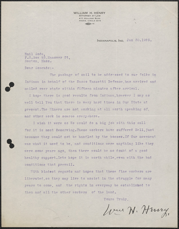 William H. Henry typed letter signed to Emilio Coda, Indianapolis, Ind., January 30, 1925