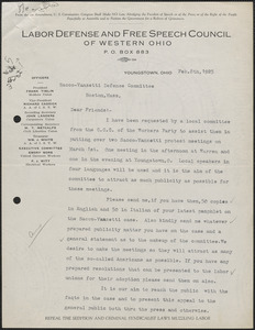 Wallace T. Metcalfe (Labor Defense and Free Speech Council of Western Ohio) typed letter signed to Sacco-Vanzetti Defense Committee, Youngstown, Ohio, February 8, 1925