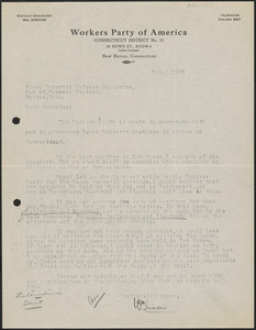 William Simons (Workers Party of America, Connecticut District No. 15) typed letter signed to Sacco-Vanzetti Defense Committee, New Haven, Conn., February 9, 1925