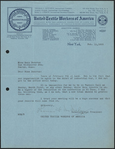 Thomas F. McMahon (United Textile Workers of America) autograph letter signed to Mary Donovan, New York, N.Y., February 11, 1925