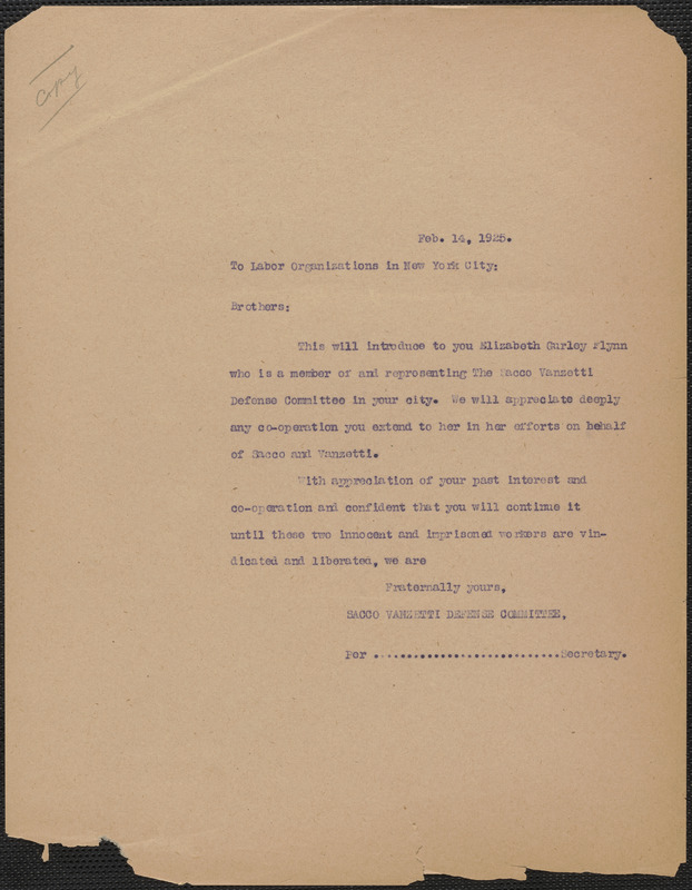 Sacco-Vanzetti Defense Committee typed letter (copy) to New York City Labor Organizations, Boston, Mass., February 14, 1925