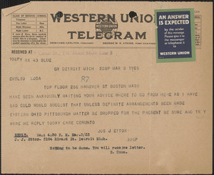 Joseph J. Ettor telegram to Emilio Coda, Detroit, Mich., March 3, 1925
