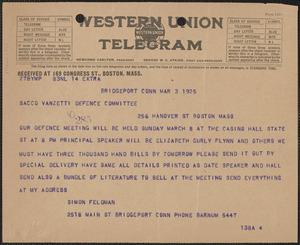 Simon Feldman telegram to Sacco-Vanzetti Defense Committee, Bridgeport, Conn., March 3, 1925