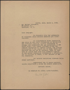 Amleto Fabbri (Sacco-Vanzetti Defense Committee) typed letter signed (copy), in Italian, to Matteo Calzanera, Boston, Mass., March 4, 1925