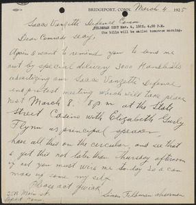 Simon Feldman autograph letter signed to Sacco-Vanzetti Defense Committee, Bridgeport, Conn., March 4, 1925