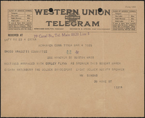 William Simons telegram to Sacco-Vanzetti Defense Committee, New Haven, Conn., March 4, 1925