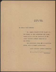 Amleto Fabbri (Sacco-Vanzetti Defense Committee) typed note signed (copy) to whom it may concern, Boston, Mass., March 9, 1925