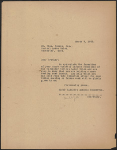 Amleto Fabbri (Sacco-Vanzetti Defense Committee) typed (copy) to Thomas F. Conroy, Boston, Mass., March 9, 1925