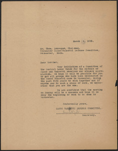Amleto Fabbri (Sacco-Vanzetti Defense Committee) typed letter (copy) to Thomas Lonregan (Worcester Sacco-Vanzetti Defense Committee), March 9, 1925