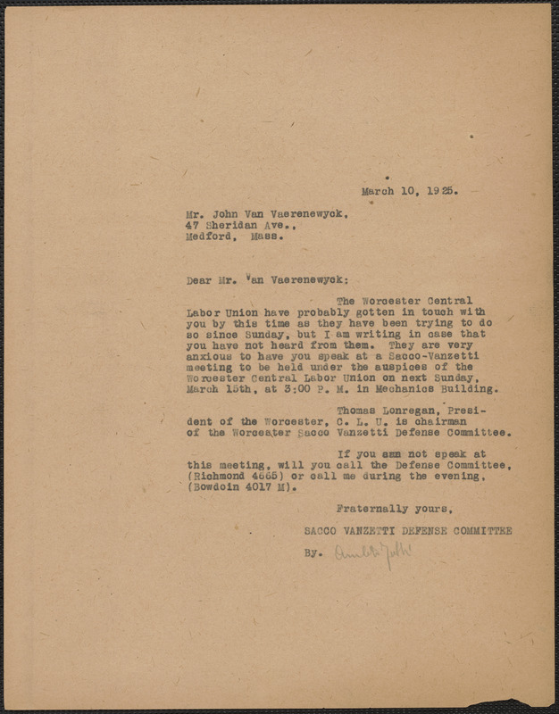 Amleto Fabbri (Sacco-Vanzetti Defense Committee) typed letter (copy) to John Van Vaerenwyck, Boston, Mass., March 10, 1925