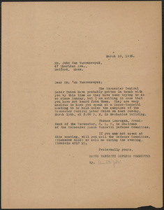 Amleto Fabbri (Sacco-Vanzetti Defense Committee) typed letter (copy) to John Van Vaerenwyck, Boston, Mass., March 10, 1925