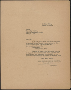 Amleto Fabbri (Sacco-Vanzetti Defense Committee) typed letter (copy) to Editor, The Daily Worker, Boston, Mass., March 12, 1925