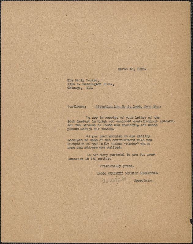Amleto Fabbri (Sacco-Vanzetti Defense Committee) typed letter (copy) to The Daily Worker (attention: Mortiz J. Loeb), Boston Mass., March 13, 1925