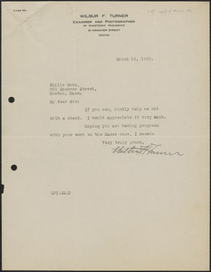 Wilbur F. Turner typed letter signed to Emilio Coda, Boston, Mass., March 16, 1925