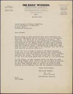 Walt Carmon (The Daily Worker) typed letter signed to Sacco-Vanzetti Defense Committee, New York, N.Y., March 20, 1925