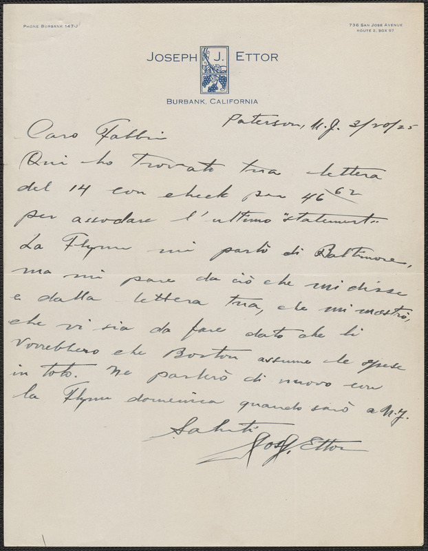 Joseph J. Ettor autograph letter signed, in Italian, to Amleto Fabbri, Patterson, N.J., March 20, 1925