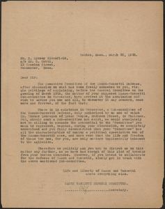 Amleto Fabbri (Sacco-Vanzetti Defense Committee) typed letter signed (copy) to H. Sydney Bloomfield, Boston, Mass., March 20, 1925