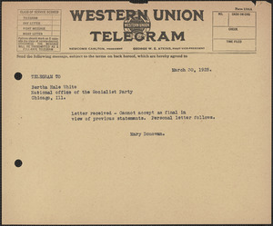 Mary Donovan telegram to Bertha Hale White (Socialist Party, National Office), Boston, Mass., March 30, 1925