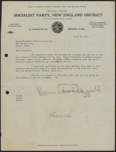 Warren Edward Fitzgerald typed letter signed to Sacco-Vanzetti Defense Committee, Boston, Mass., April 3, 1925