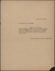 Sacco-Vanzetti Defense Committee typed note (copy) to whom it may concern, Boston, Mass., April 24, 1925