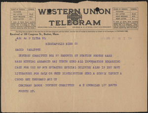 A. Georgian telegram to Sacco-Vanzetti Defense Committee, Minneapolis, Minn., April 29, 1925
