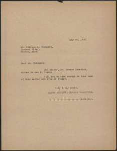 Sacco-Vanzetti Defense Committee typed note (copy) to William G. Thompson, Boston, Mass., May 25, 1925