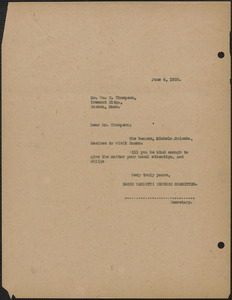 Sacco-Vanzetti Defense Committee typed note (copy) to William G. Thompson, Boston, Mass., June 6, 1920