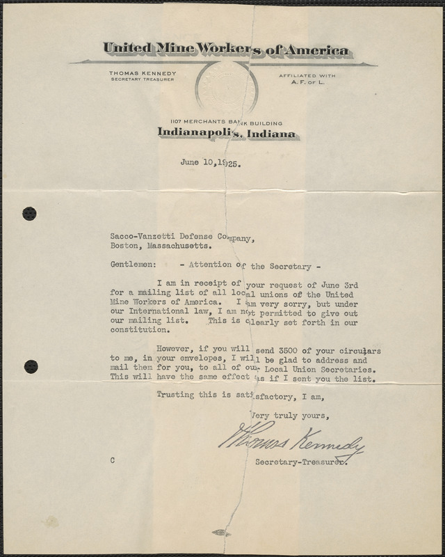 Thomas Kennedy (United Mine Workers of America) typed letter signed to Sacco-Vanzetti Defense Committee, Indianapolis, Ind., June 10, 1925